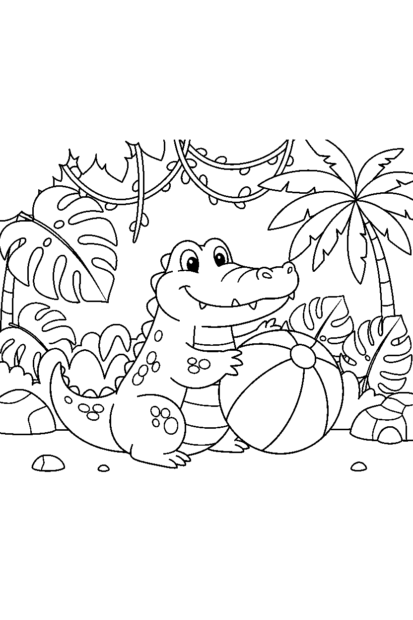 crocodile playing with a ball in the rainforest line art