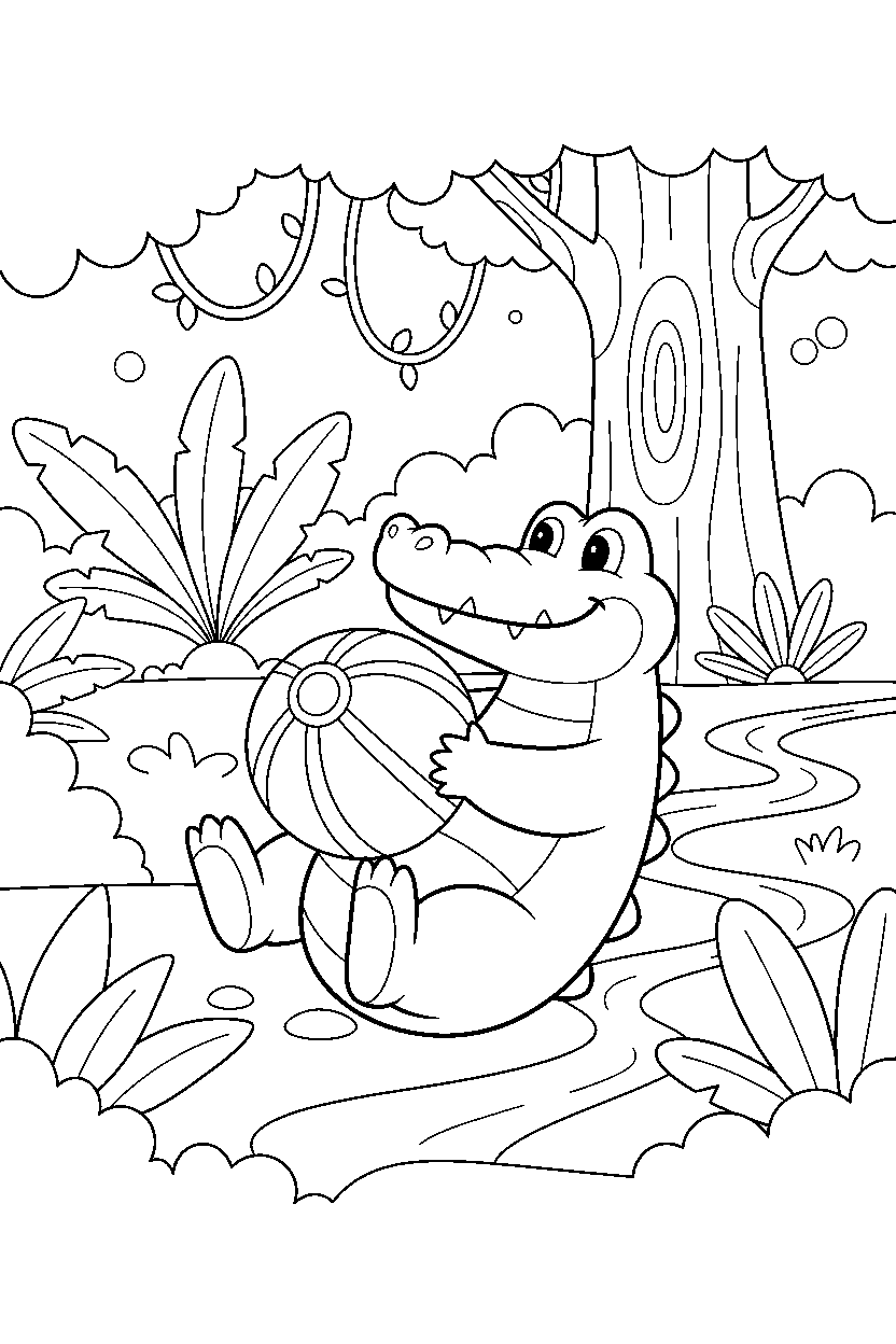 crocodile rolling a ball in the rainforest line art