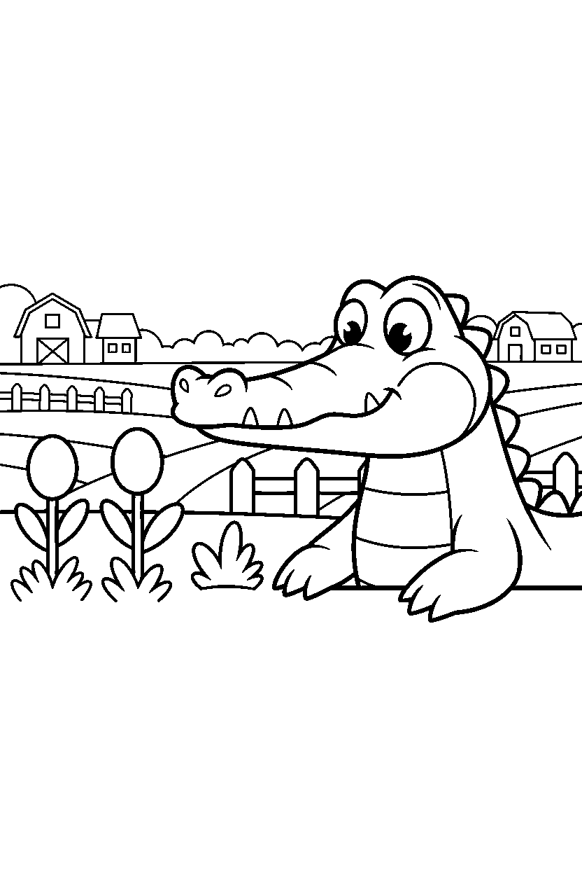 crocodile sniffing curiously in a farm field line art