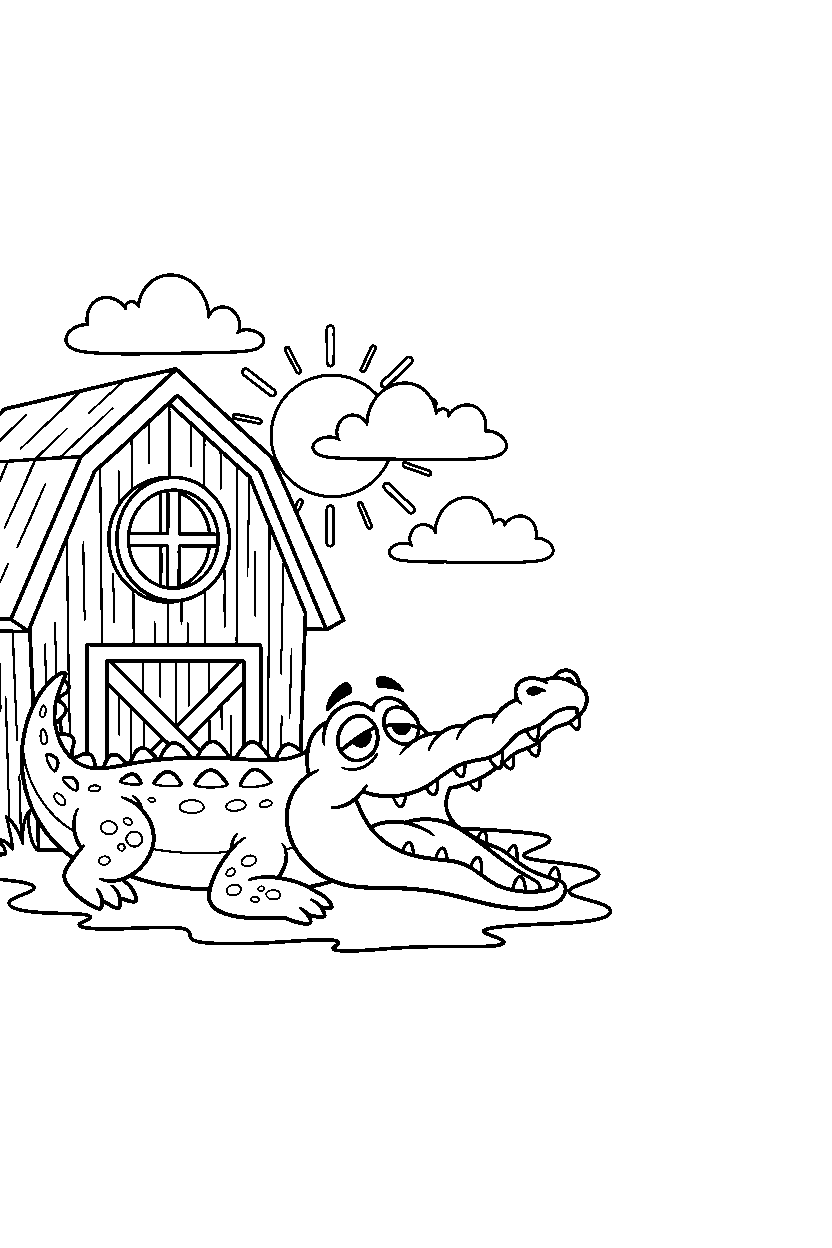 crocodile yawning sleepily near a barn line art