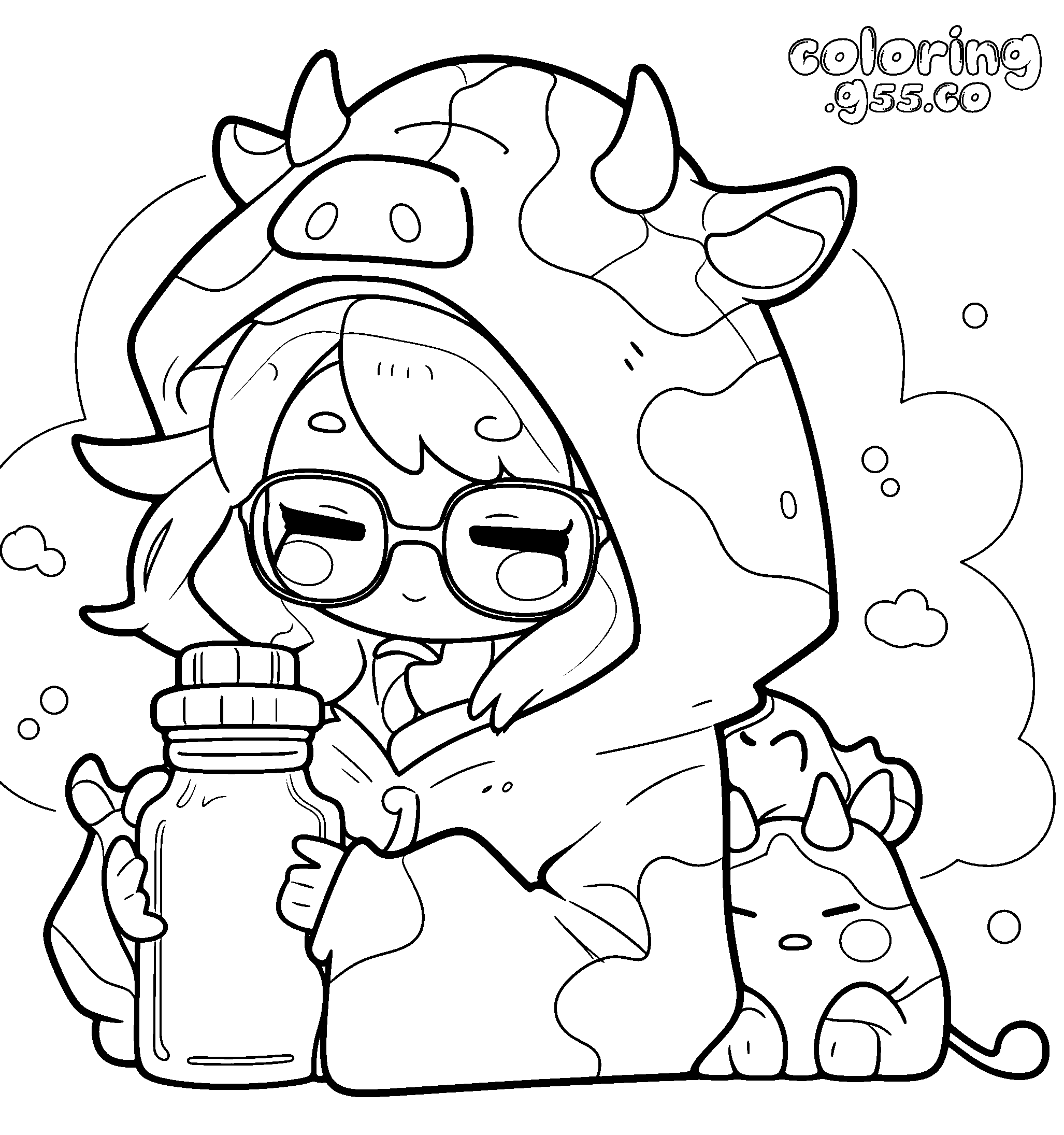 cute anime girl in cow onesie line art