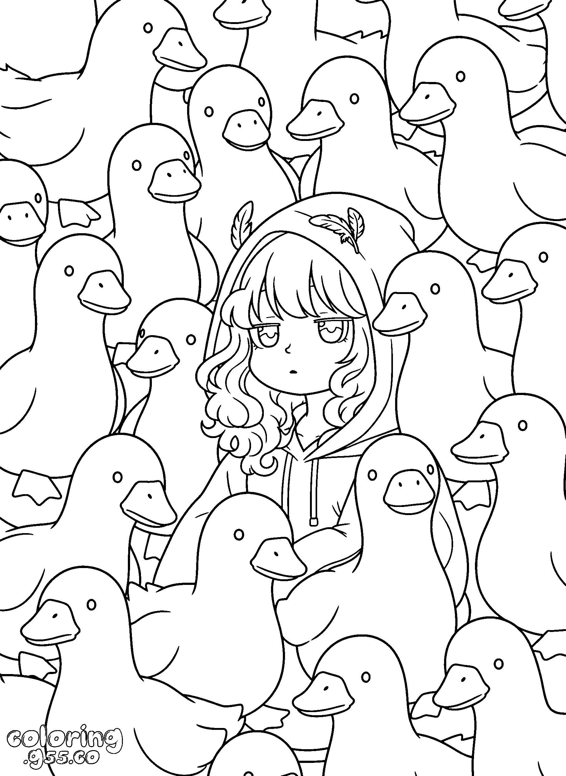 cute anime girl with ducks line art