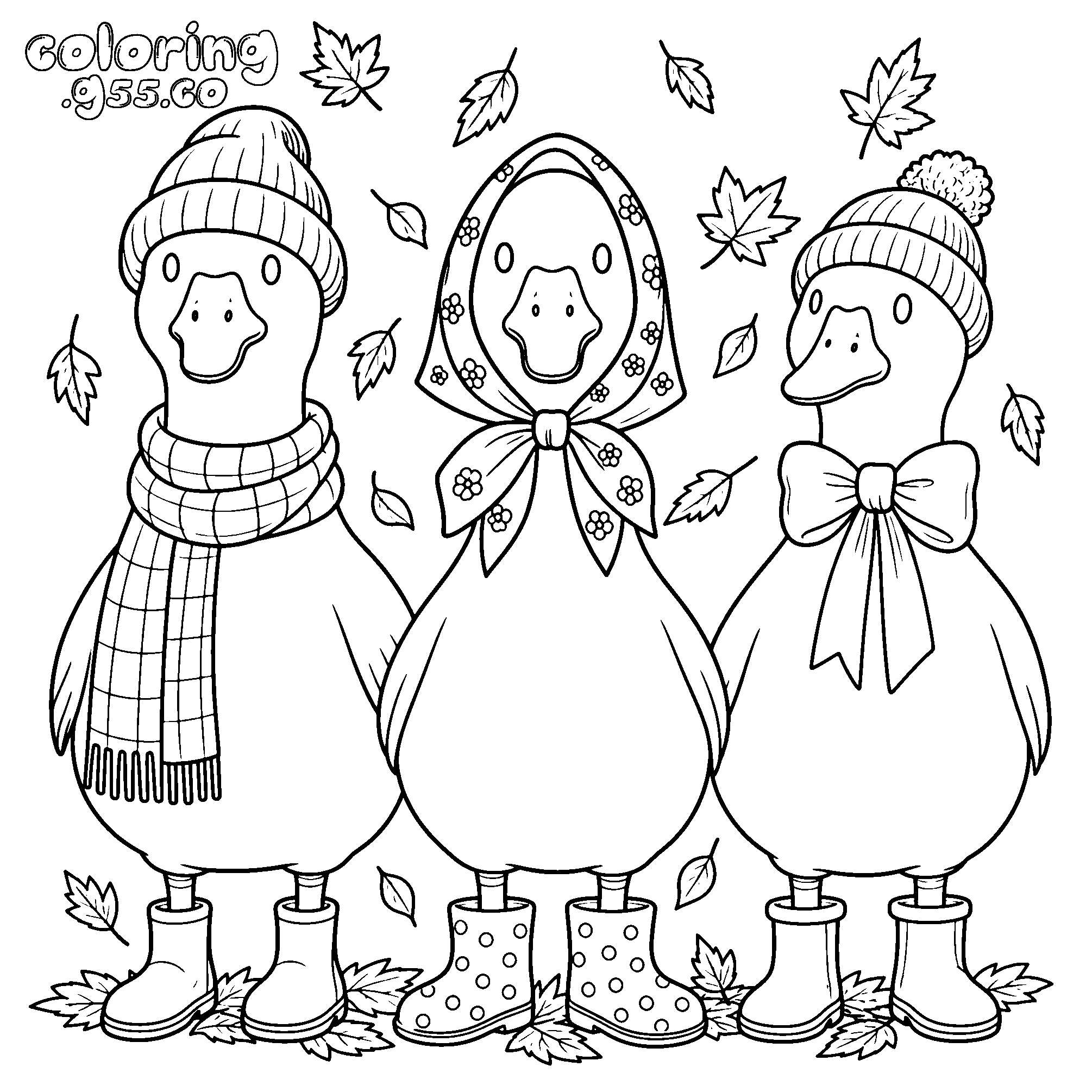 cute autumn geese in scarves line art