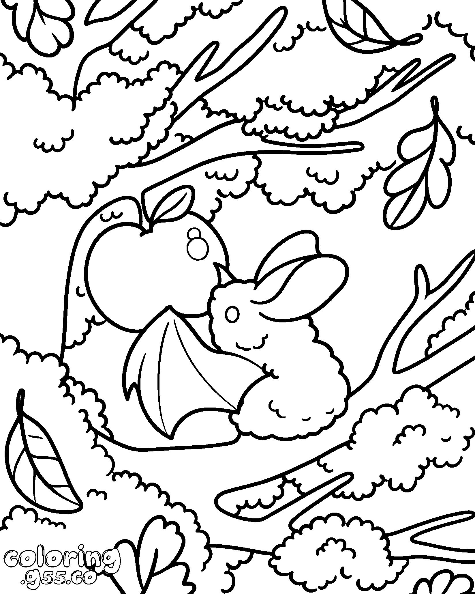 cute bat and apple in tree line art