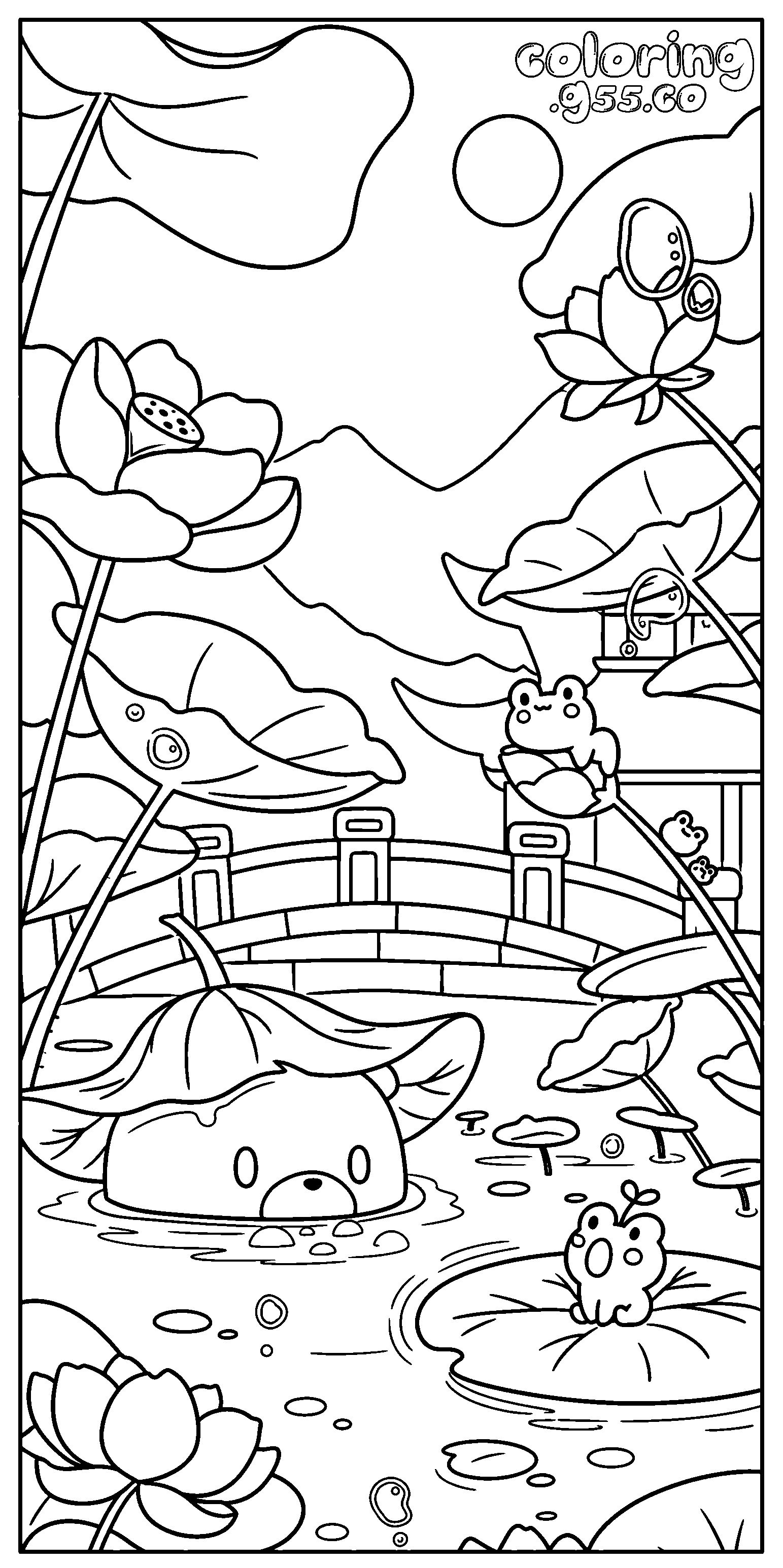 cute bear and frogs lotus pond line art