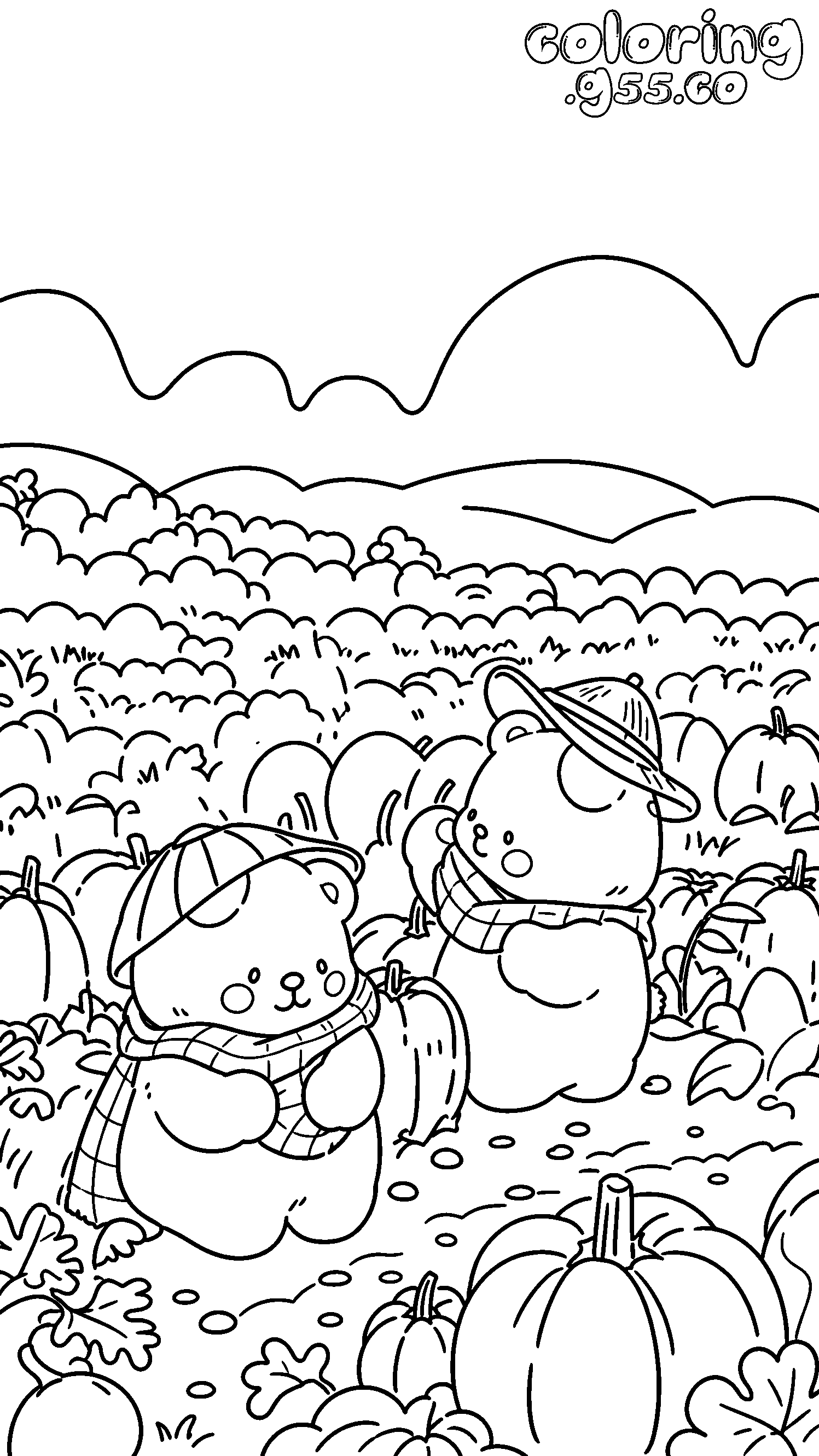 cute bears in pumpkin patch line art