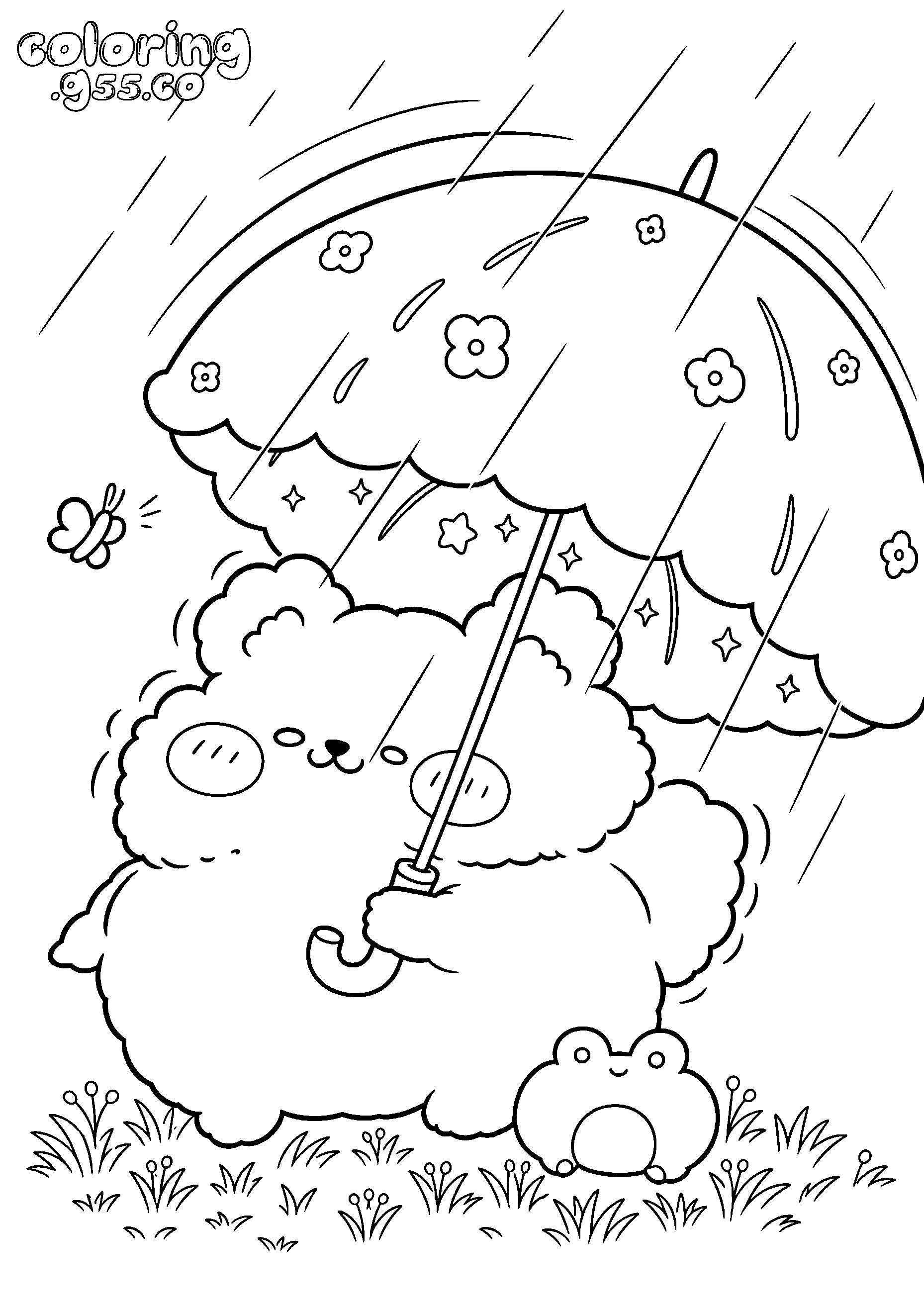 cute fluffy bear with umbrella line art