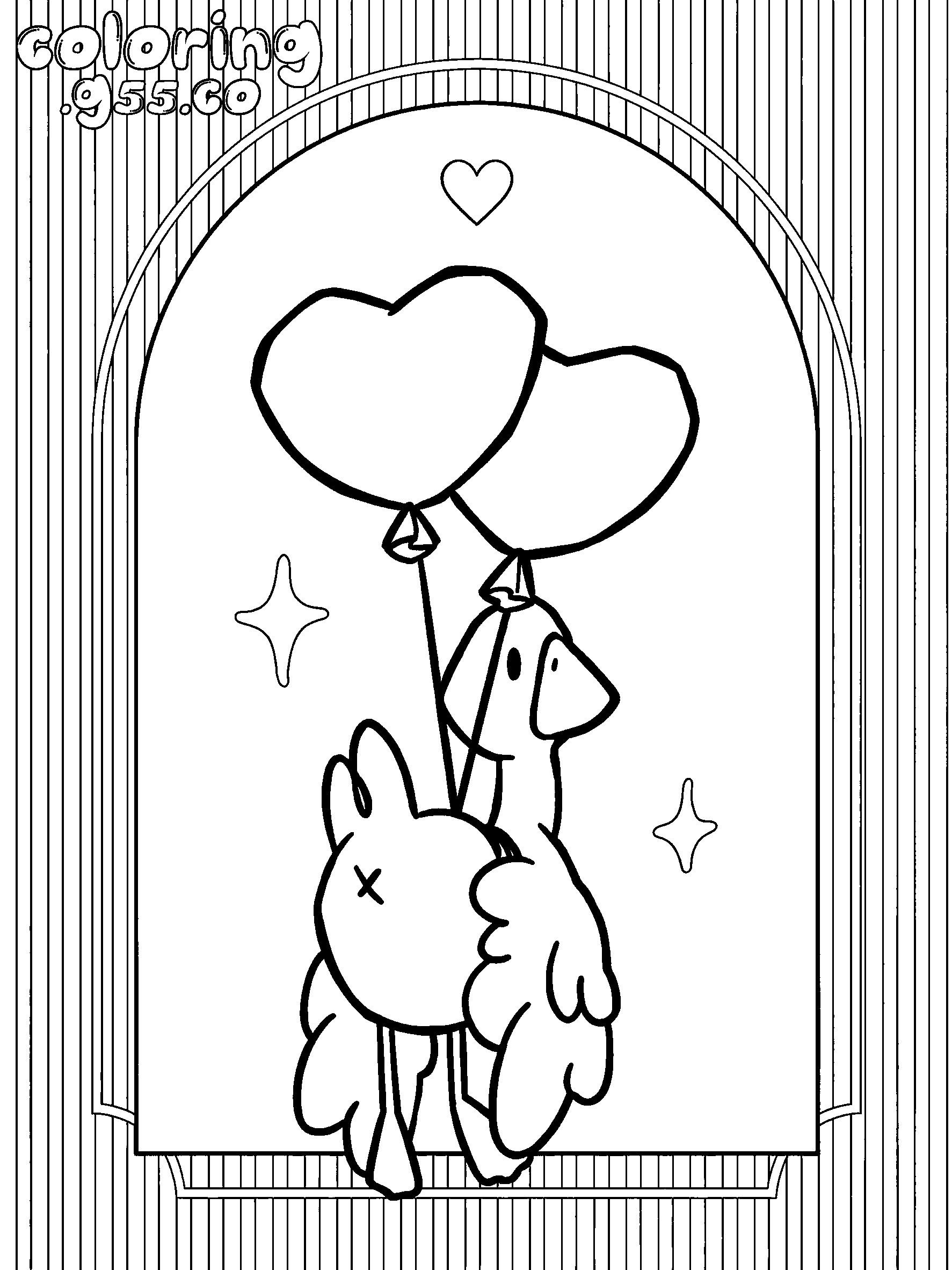 cute goose flying with heart balloons line art