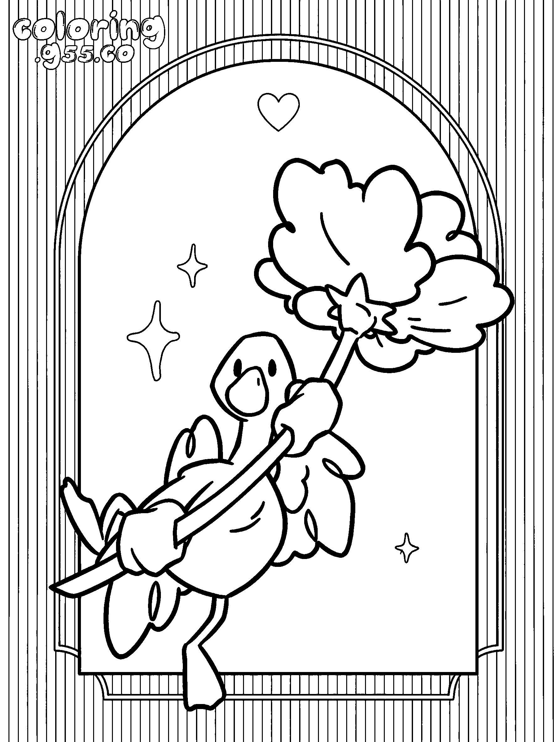 cute goose holding large flower line art