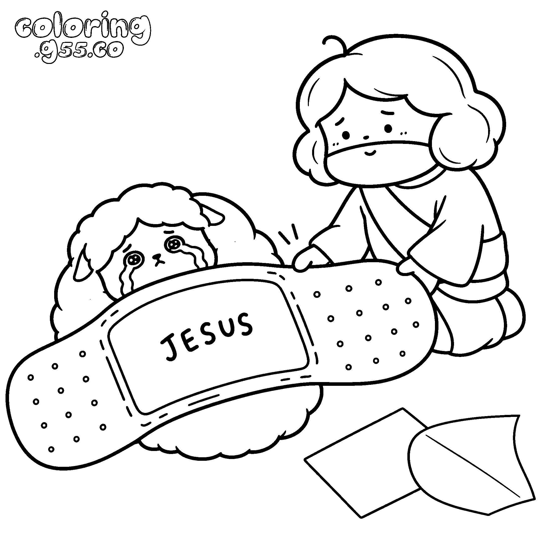 cute jesus healing crying lamb line art