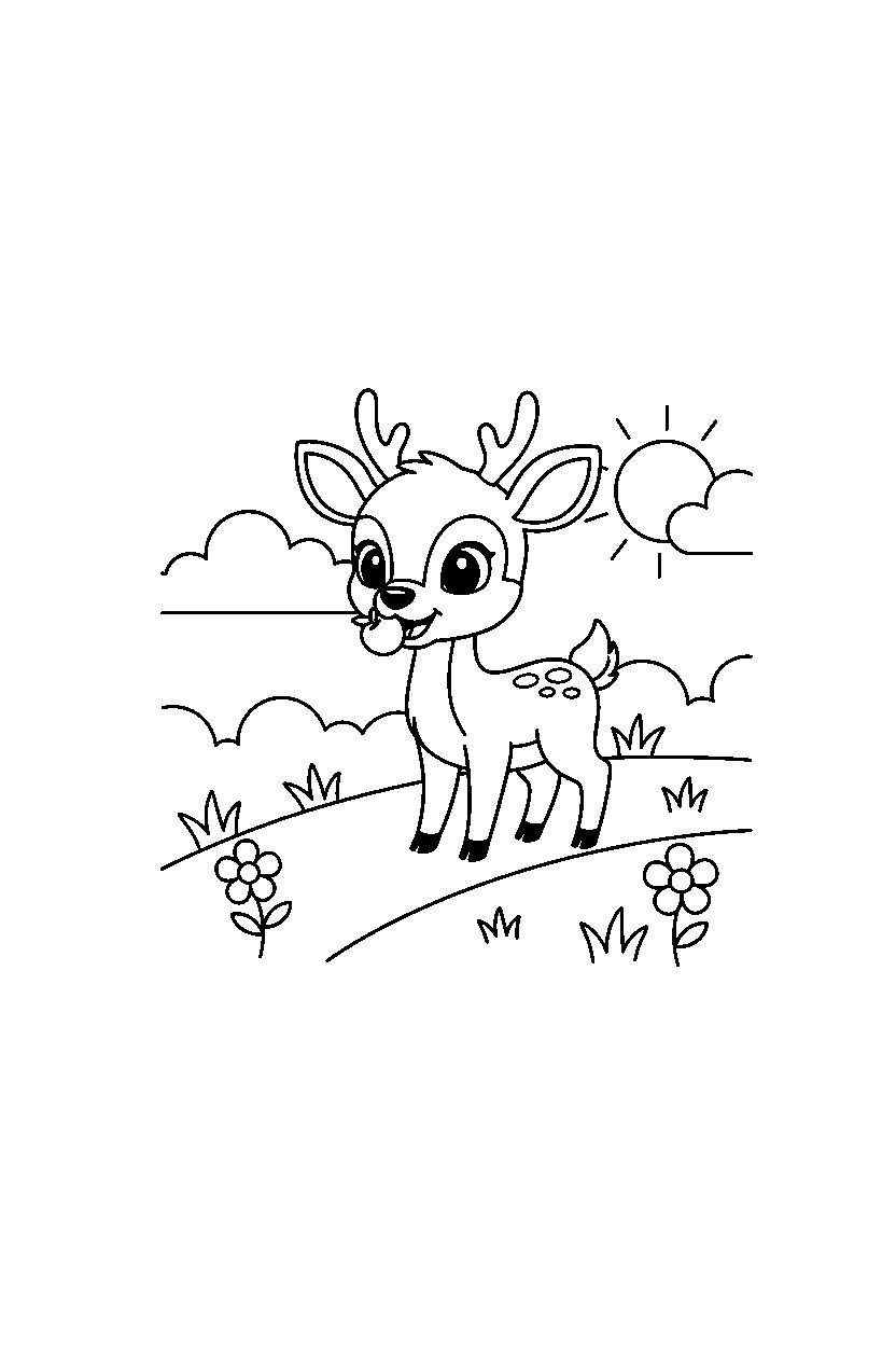 deer eating a snack on a grassy hill line art