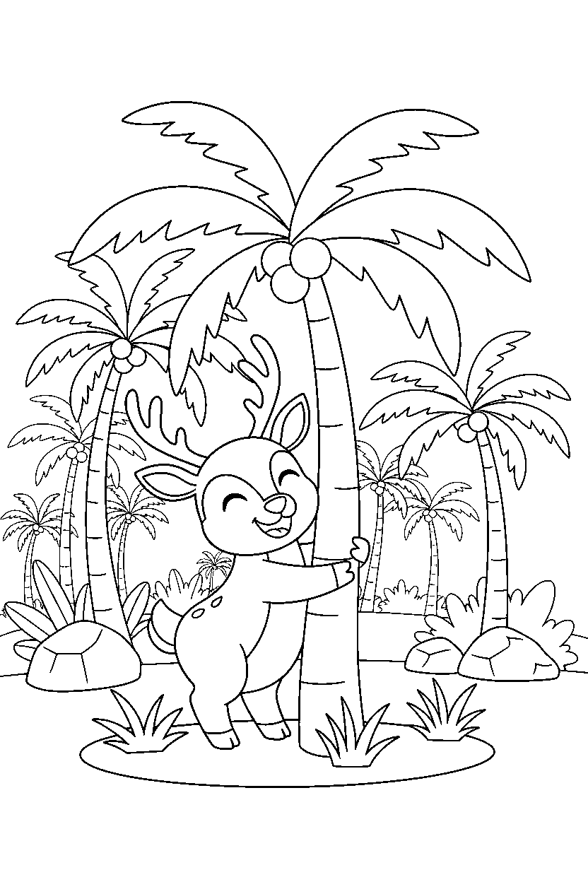 deer hugging happily in a palm forest line art