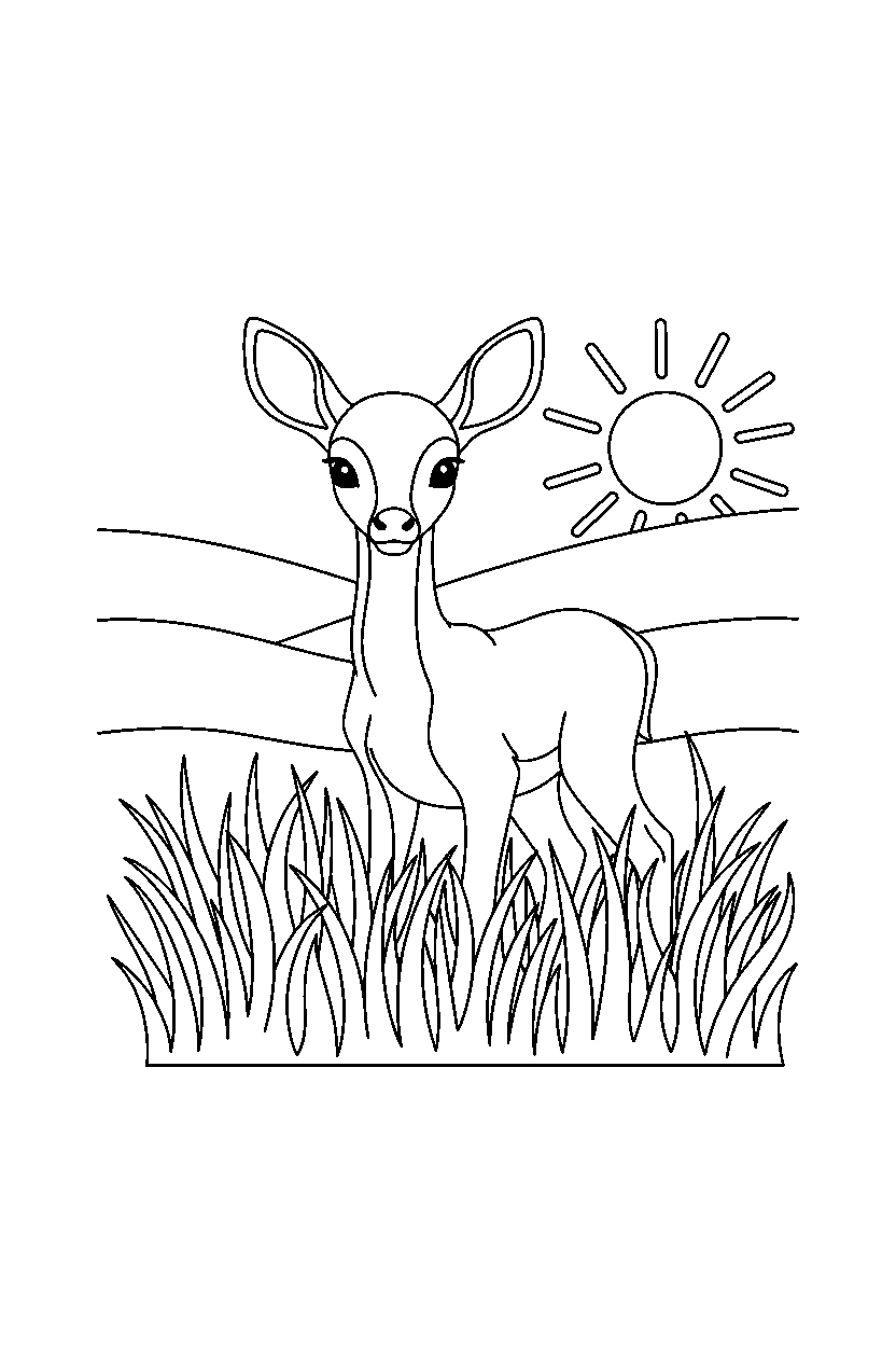 deer listening carefully in tall grass line art