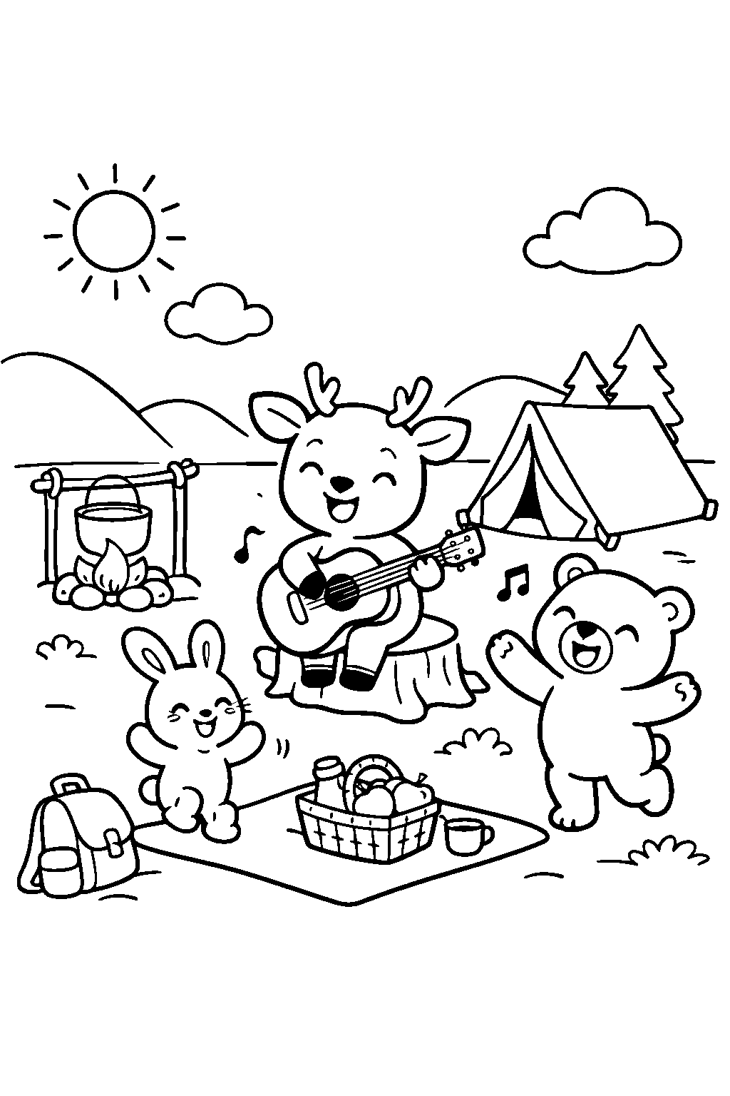deer playing with friends countryside line art