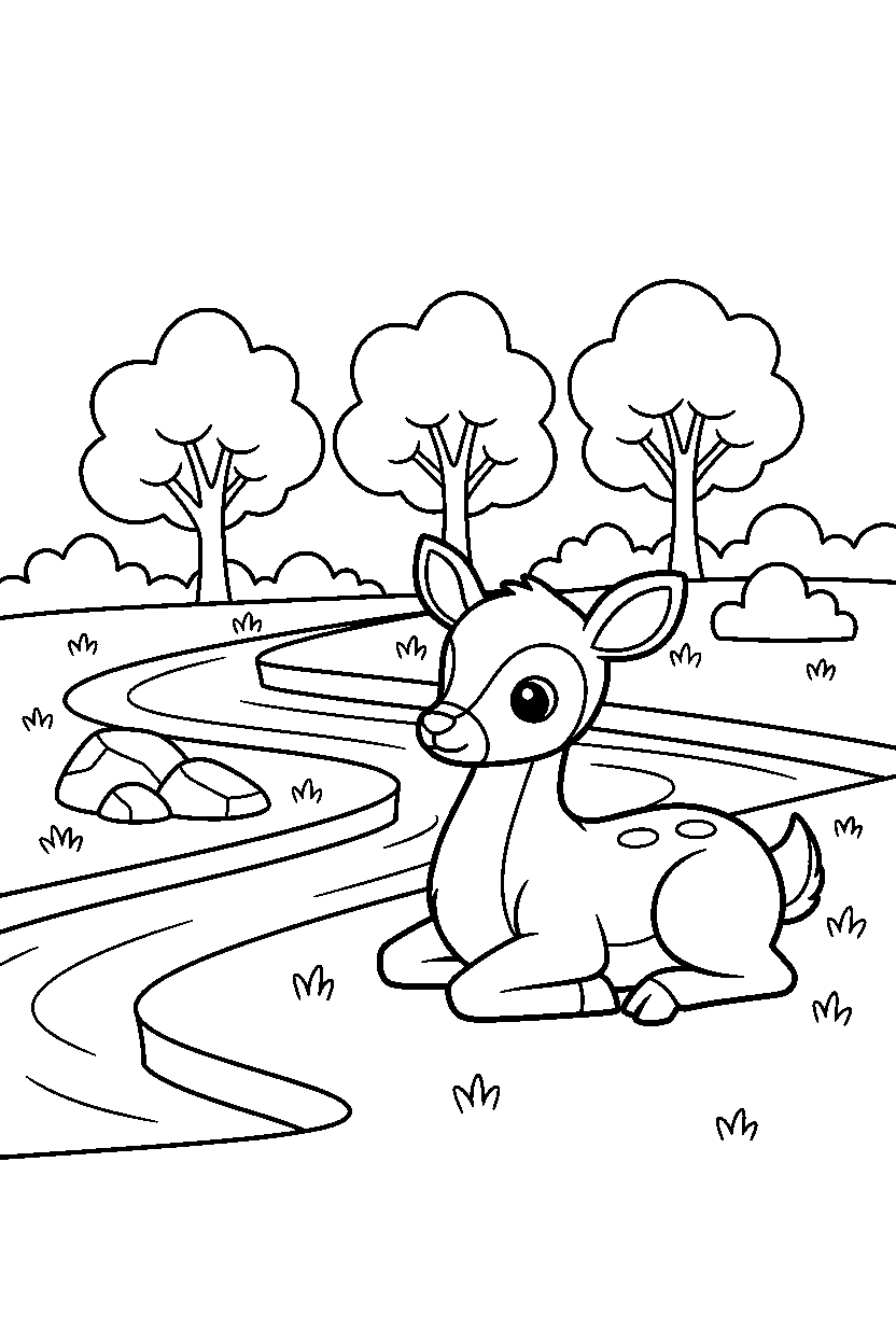 deer sitting calmly on a river bank line art