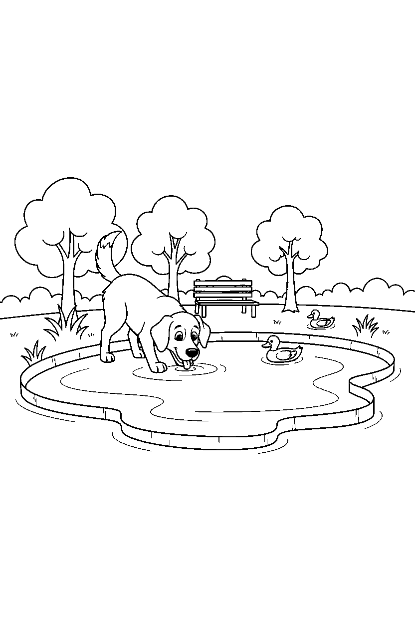 dog drinking water at a park pond line art
