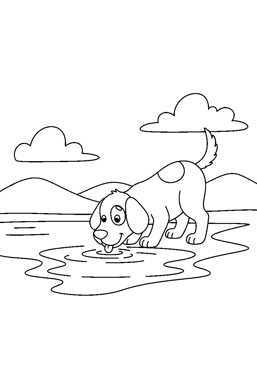 dog drinking water near a lake line art