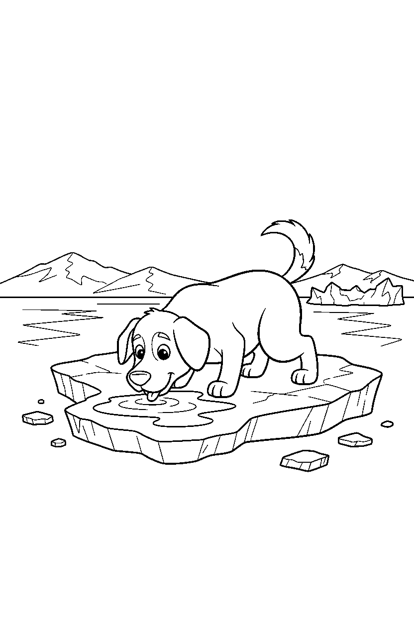 dog drinking water on sea ice line art