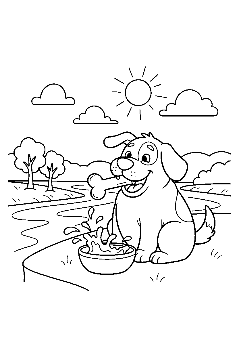 dog eating happily on a river bank line art