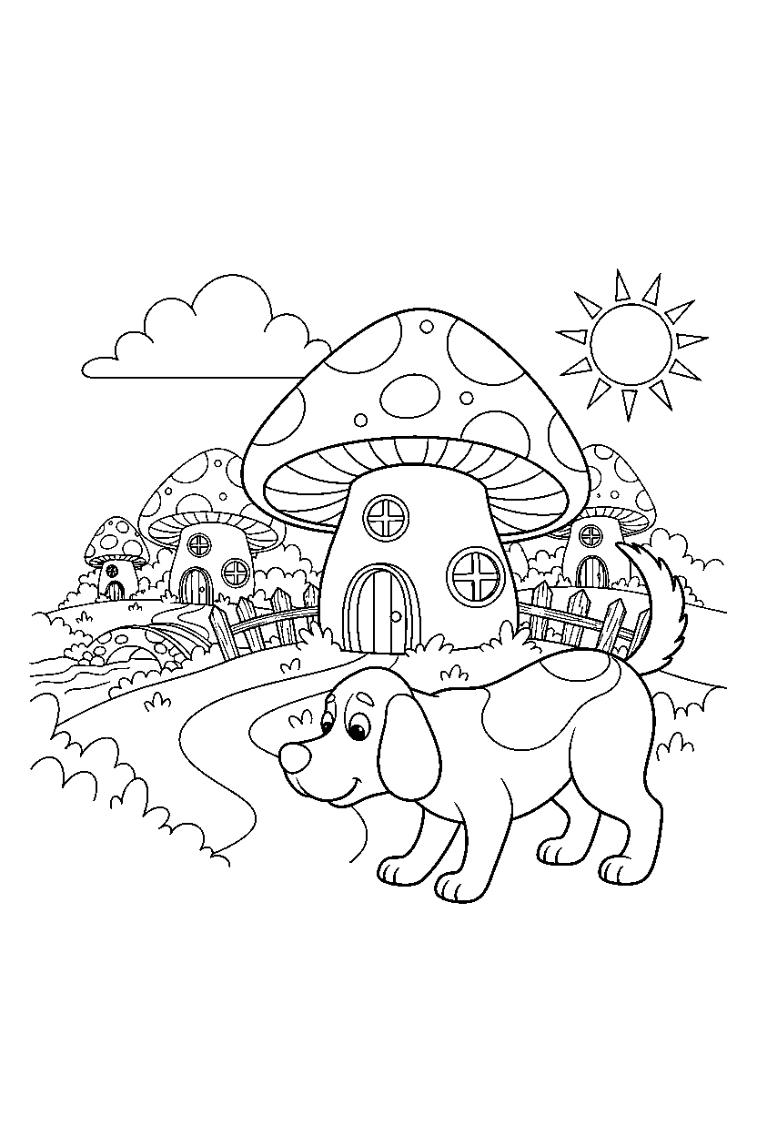 dog exploring curiously in a cartoon village line art