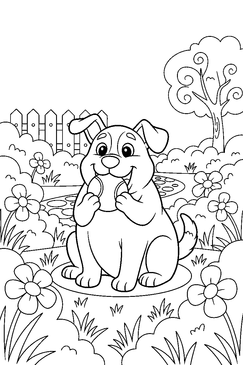 dog holding a ball in a garden line art