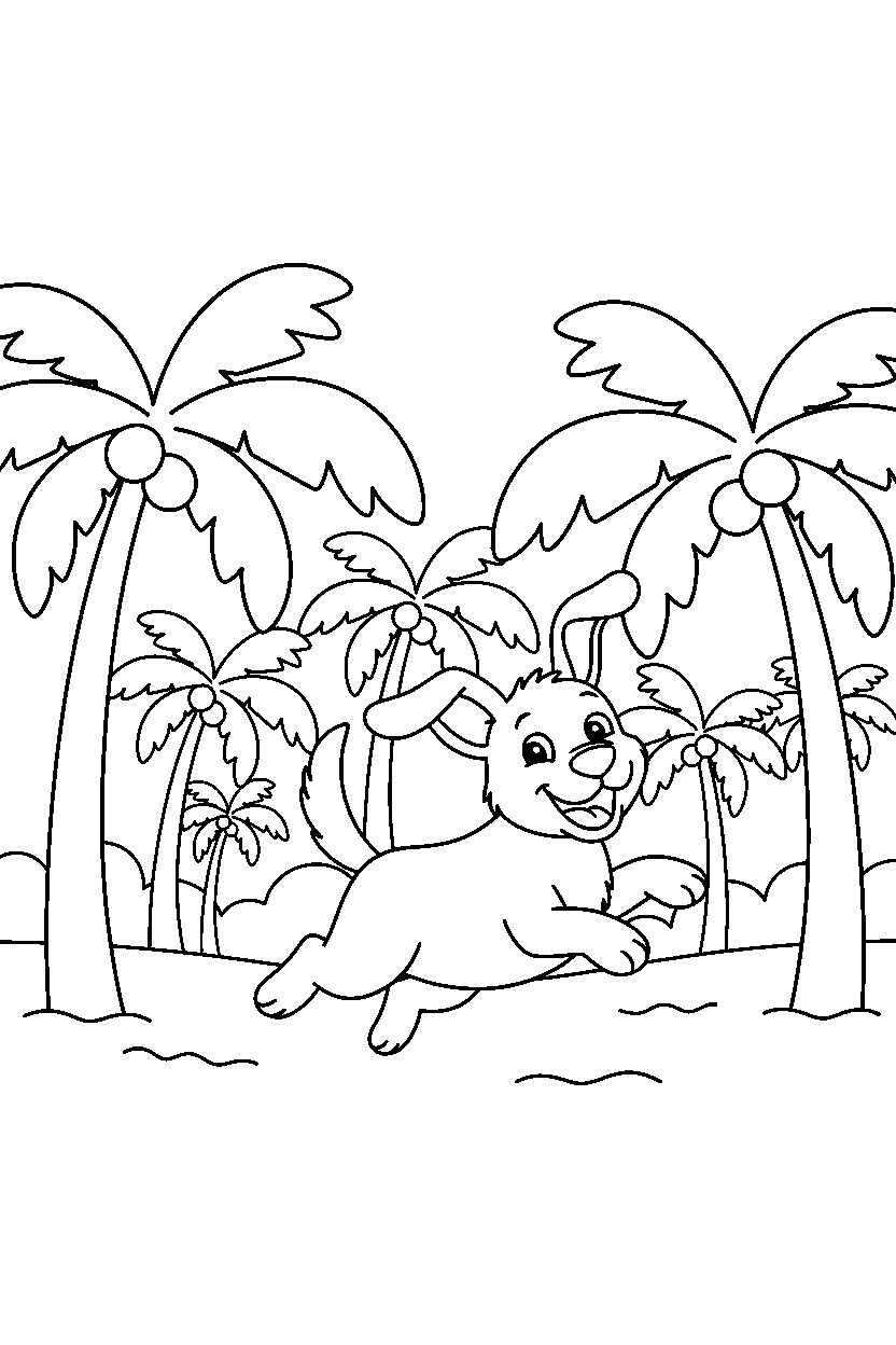 dog hopping happily in a palm forest line art
