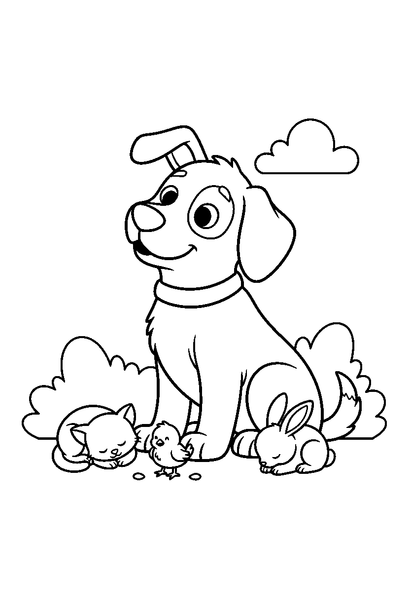 dog listening carefully near baby animals line art