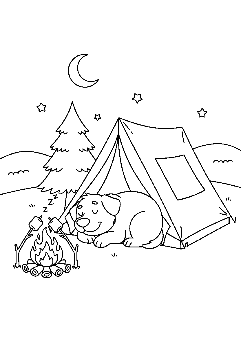 dog relaxing peacefully at a campground line art