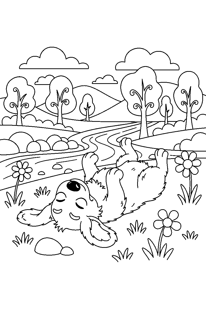 dog relaxing peacefully in a nature reserve line art