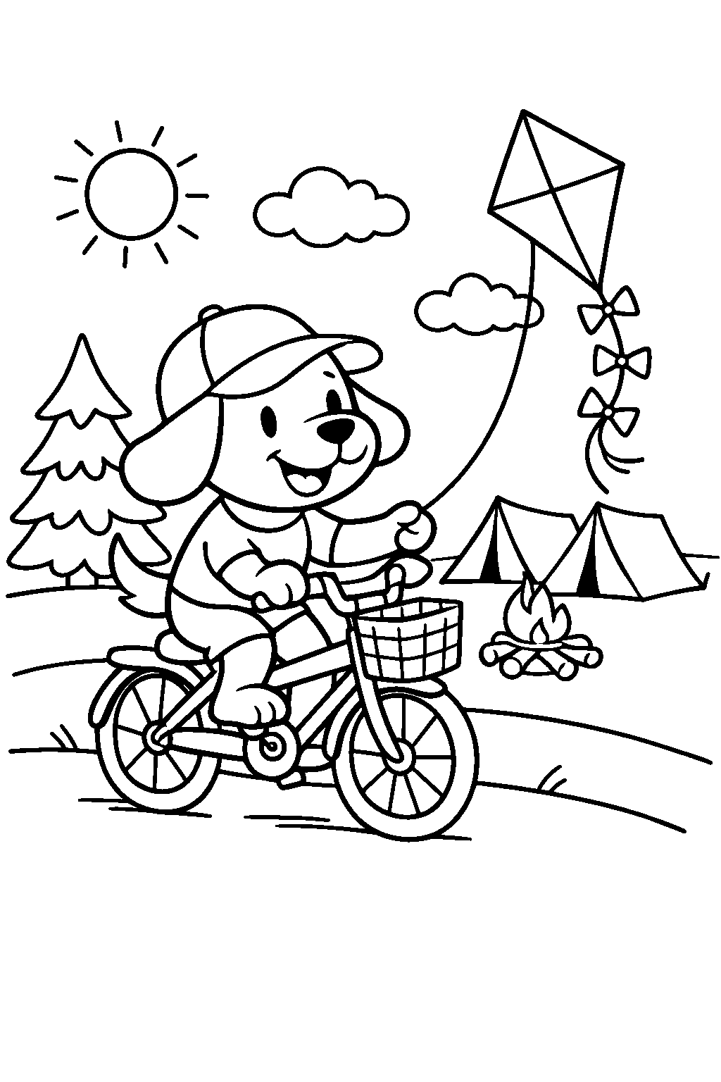 dog riding bicycle campground line art