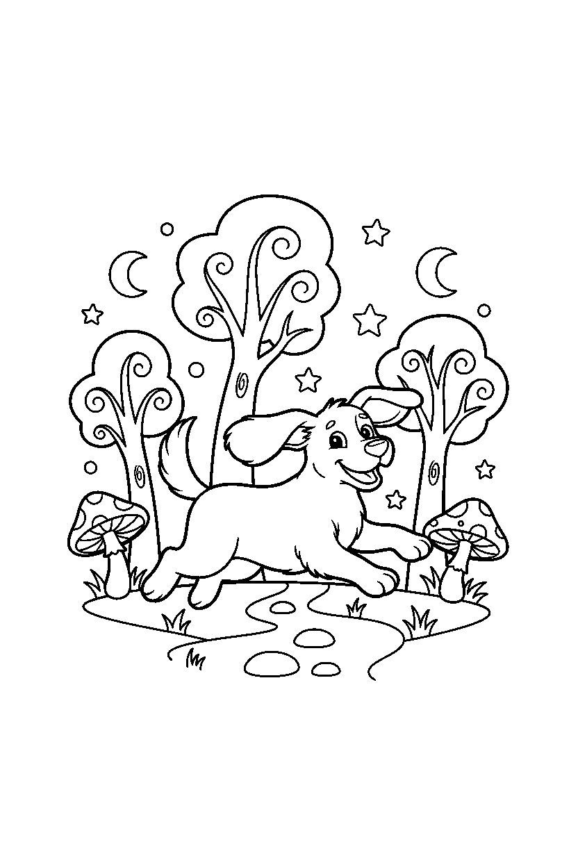 dog running happily in a magical forest line art