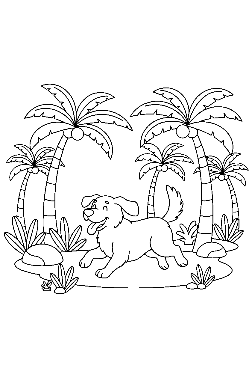 dog running happily in a palm forest line art
