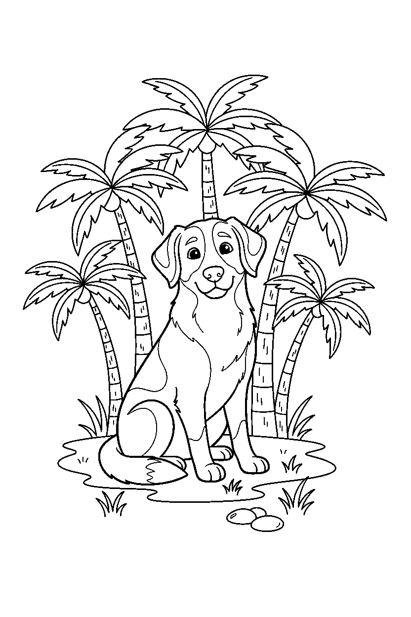 dog sitting calmly in a palm forest line art