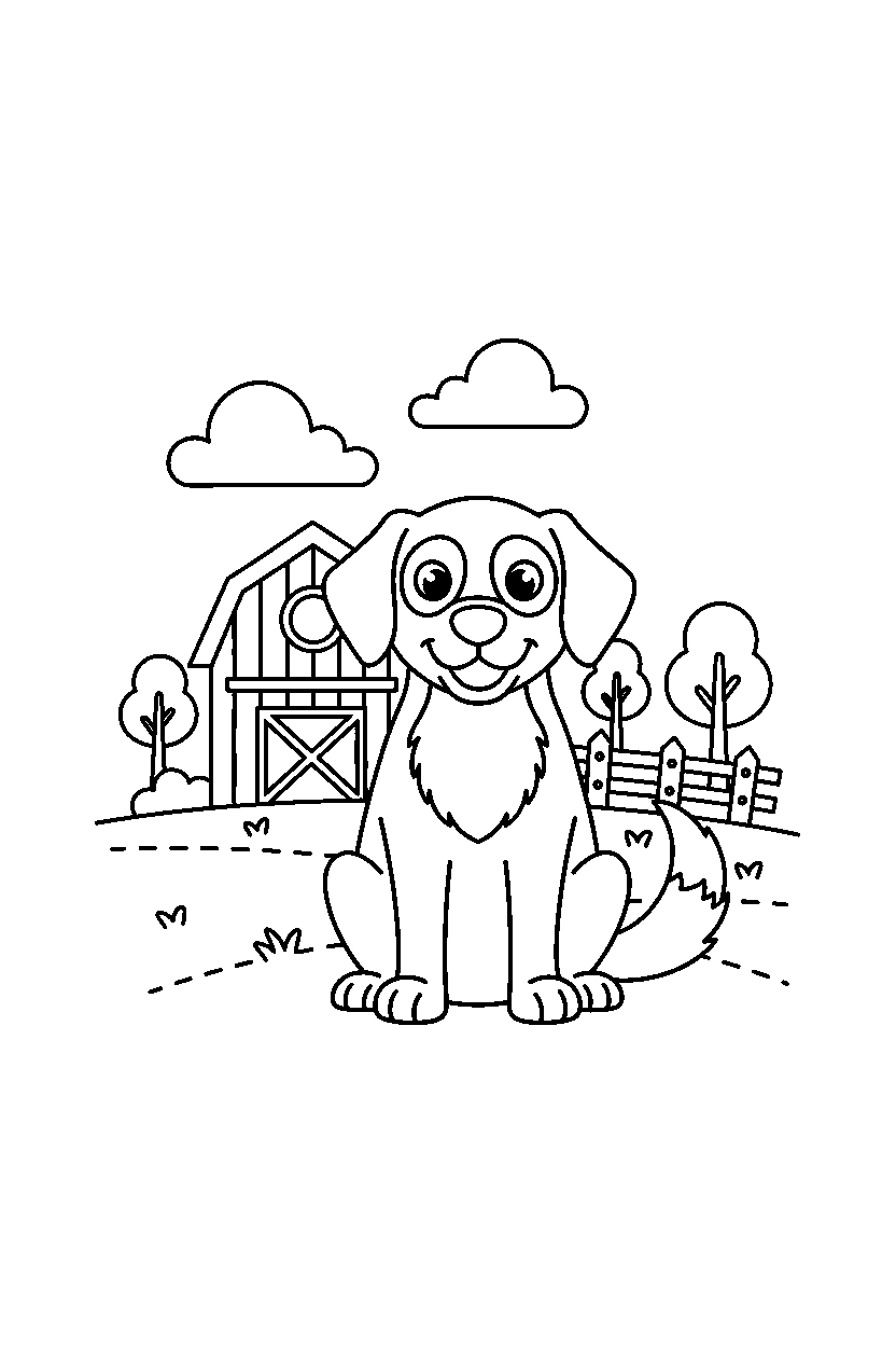 dog sitting in farm line art