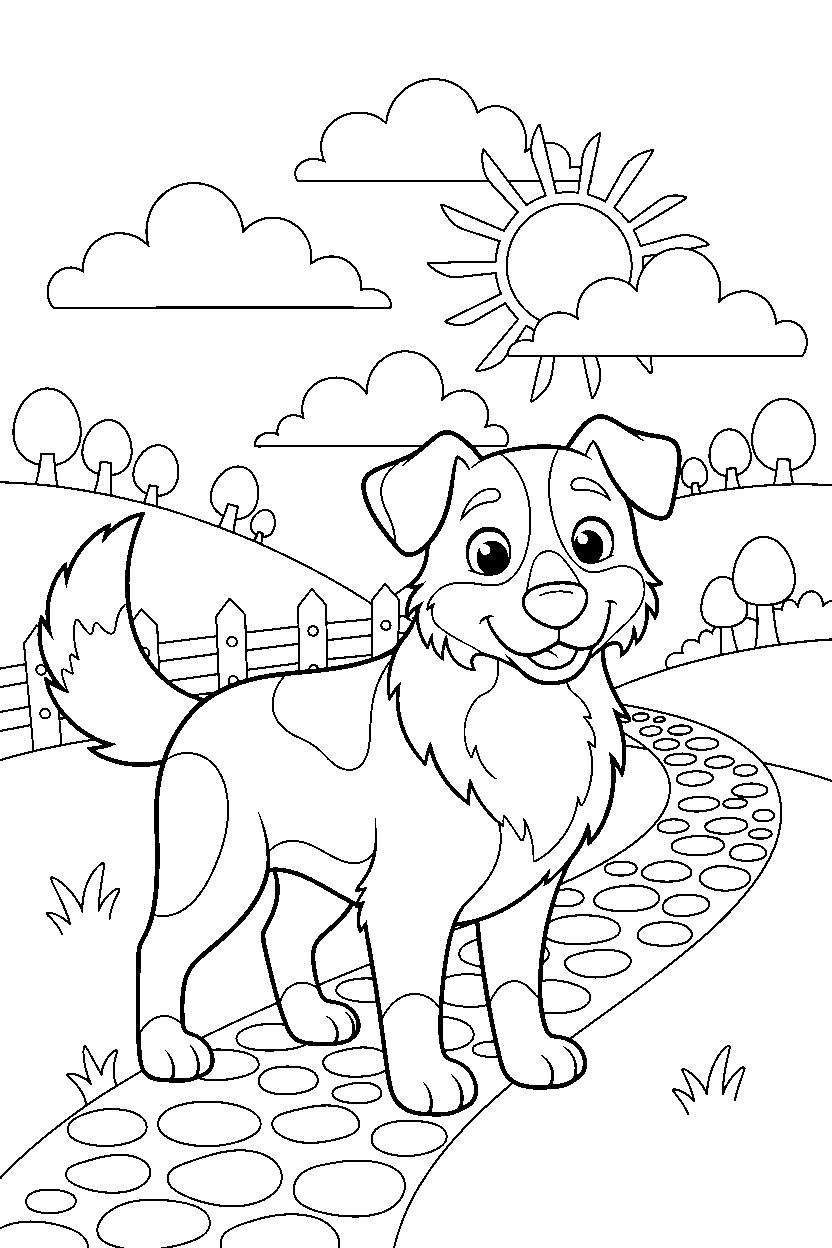 dog standing in the countryside line art