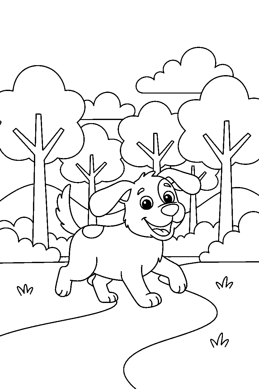 dog walking happily in a forest line art