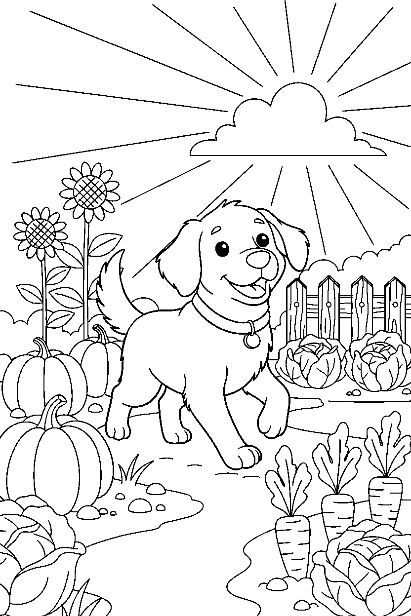 dog walking happily in a vegetable garden line art