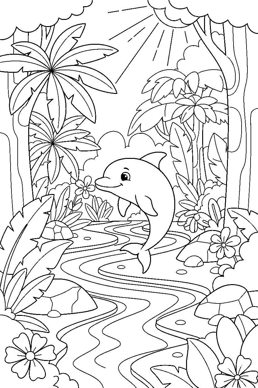 dolphin exploring curiously in a jungle clearing line art