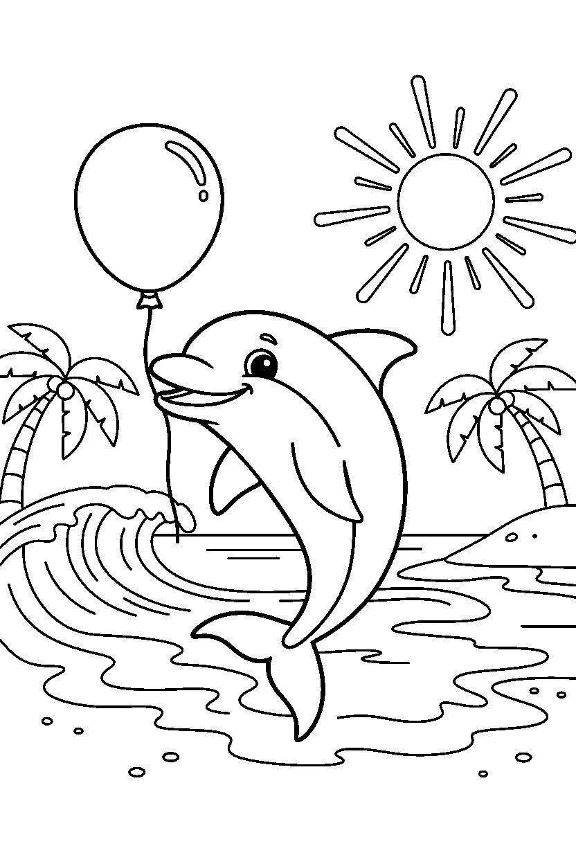 dolphin holding a balloon on an ocean beach line art
