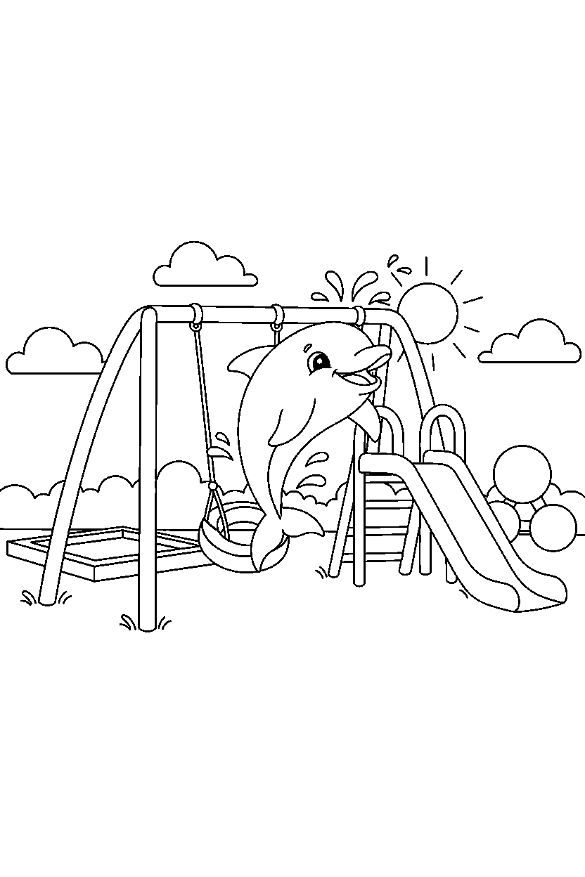 dolphin hopping happily in a playground line art