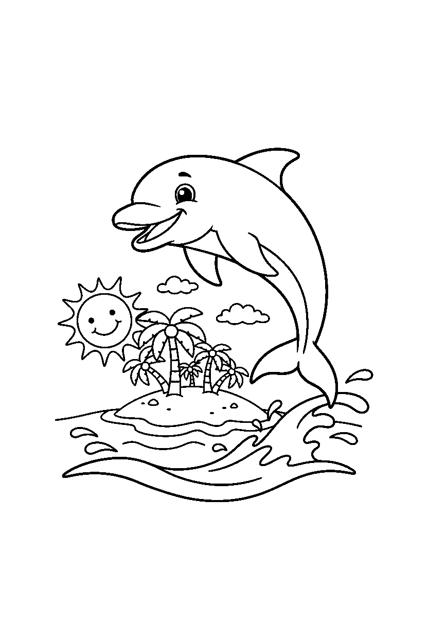dolphin jumping playfully on a tropical island line art