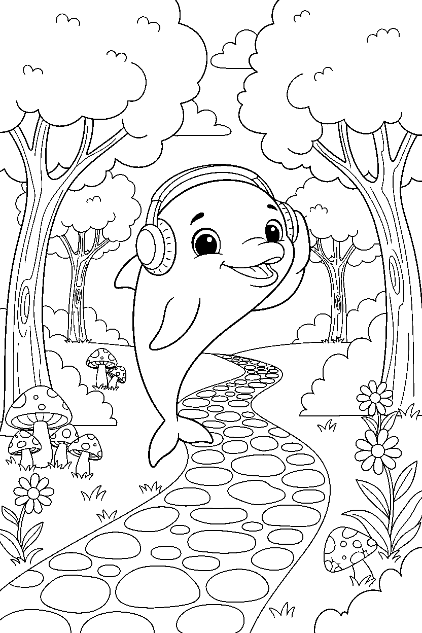 dolphin listening carefully on a forest trail line art