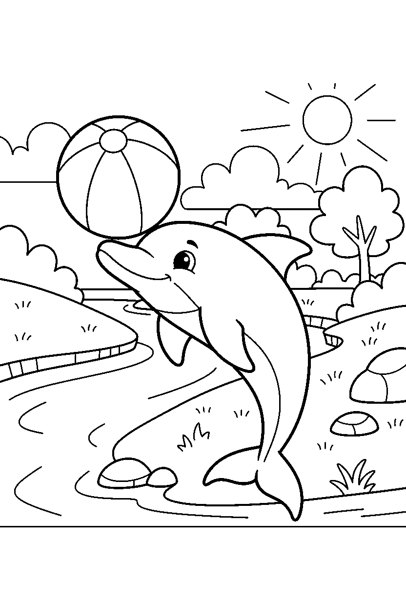 dolphin playing with a ball on a river bank line art