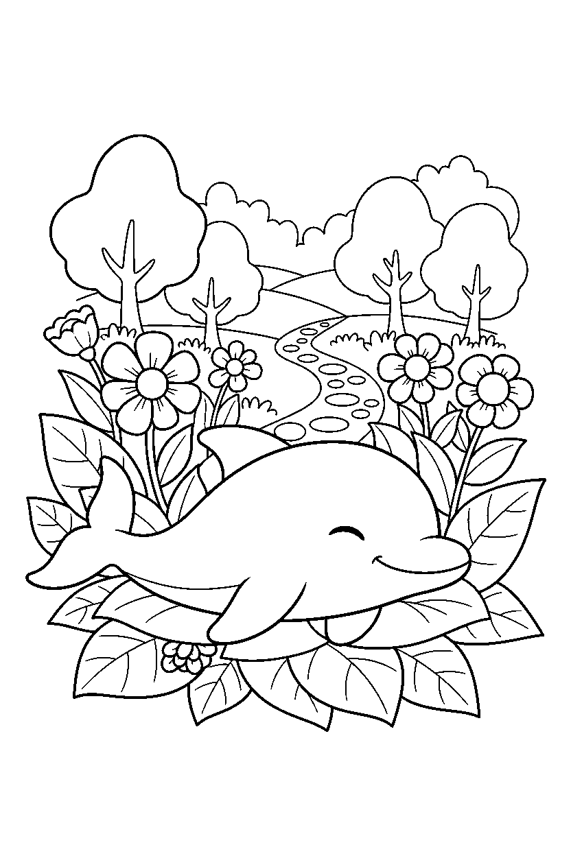 dolphin relaxing peacefully in a garden line art