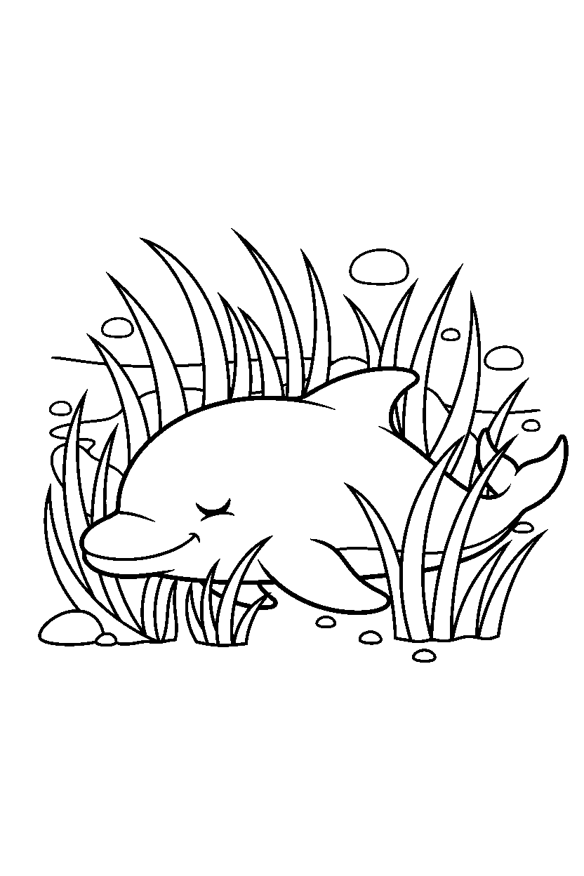 dolphin resting peacefully in tall grass line art