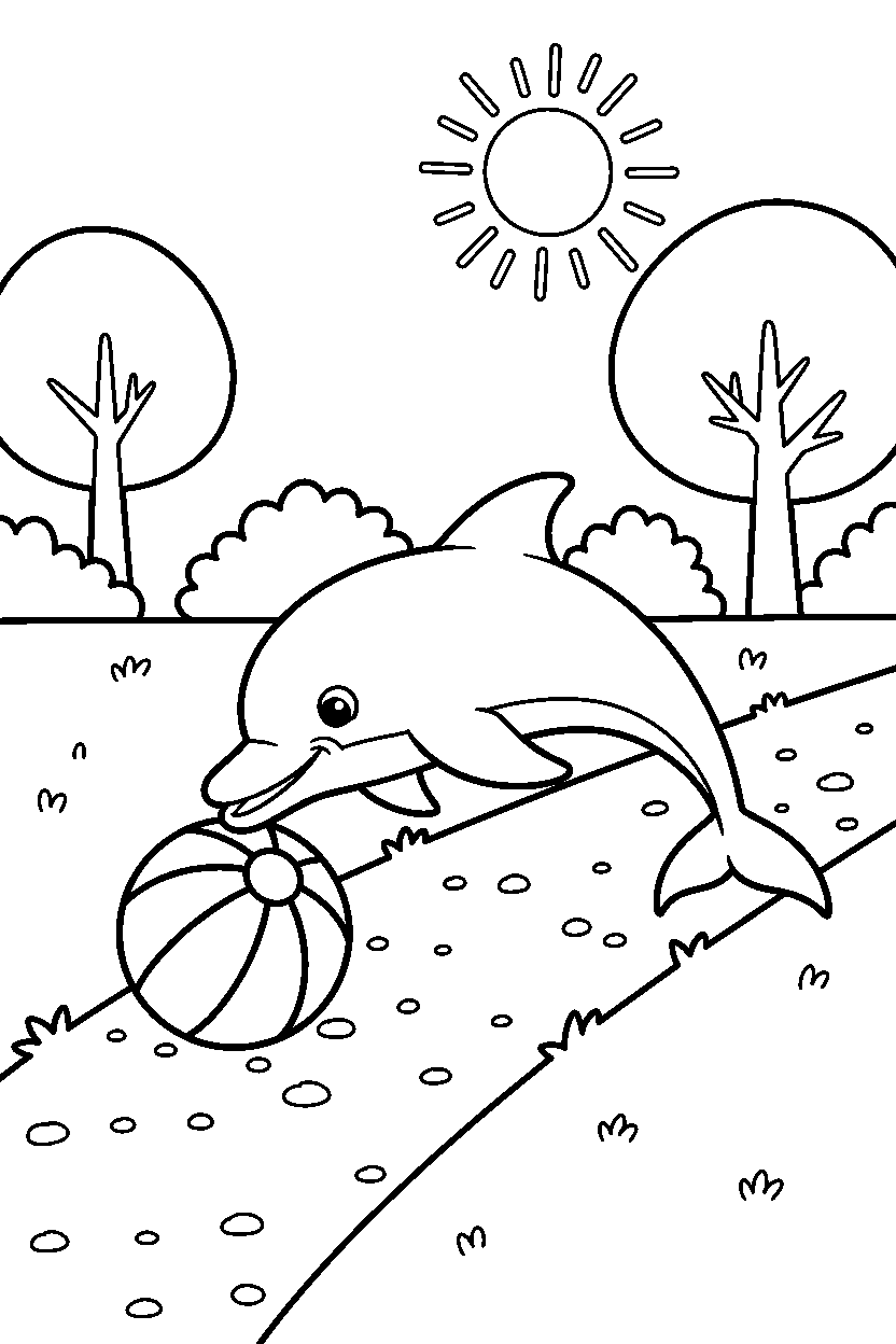 dolphin rolling a ball on a dirt path line art