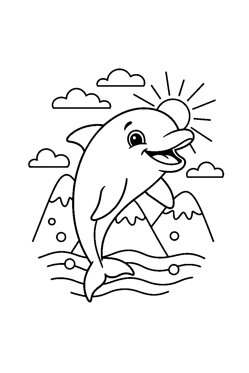 dolphin smiling happily in the mountains line art