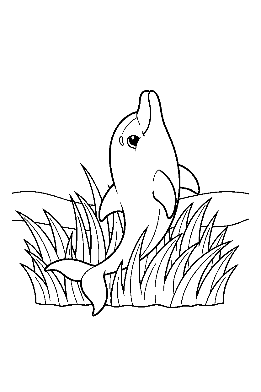 dolphin stretching playfully in tall grass line art