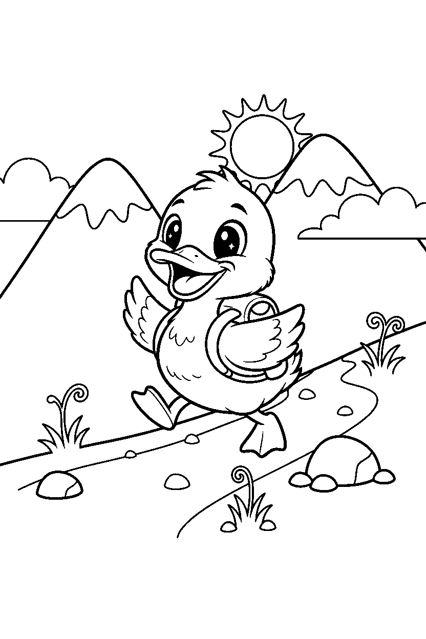 duck looking happy on a mountain trail line art