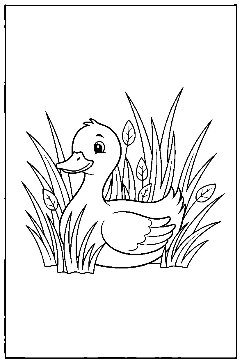 duck sitting calmly in tall grass line art